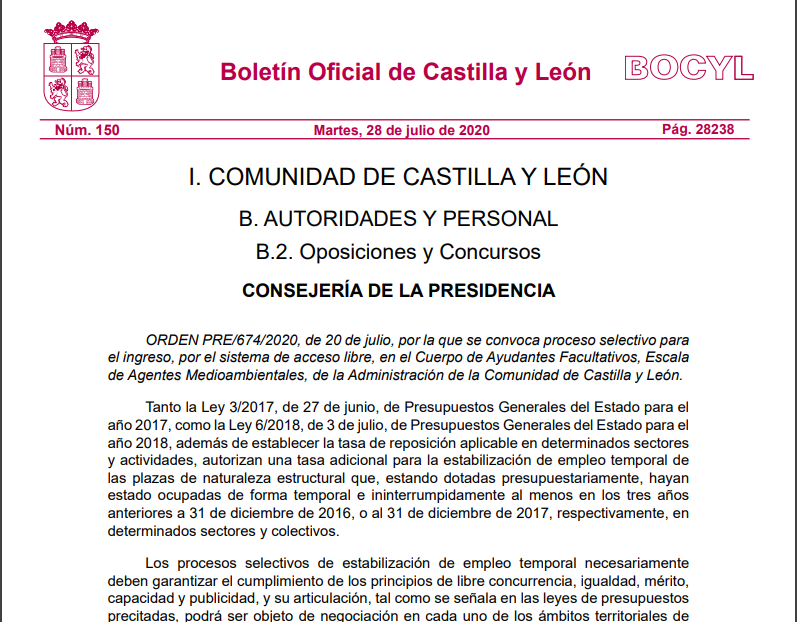 ÚLTIMA HORA: SE HA PUBLICADO LA CONVOCATORIA DE LA OPOSICIÓN PARA CUBRIR 92 PLAZAS DE AGENTE MEDIOAMBIENTAL DE CASTILLA Y LEÓN